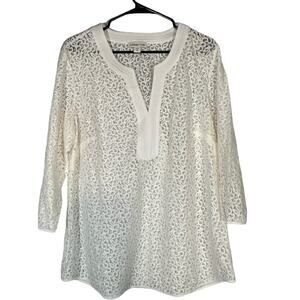 Coldwater Creek Women’s White Lace Cotton Blend Long Sleeve V-Neck Blouse XL 16